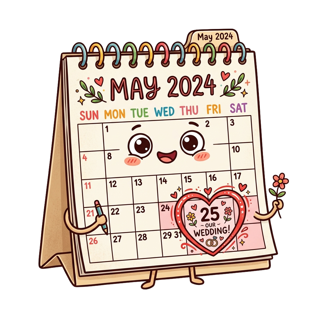 Illustrated May 2024 calendar with a wedding date marked on the 25th and cute animated faces