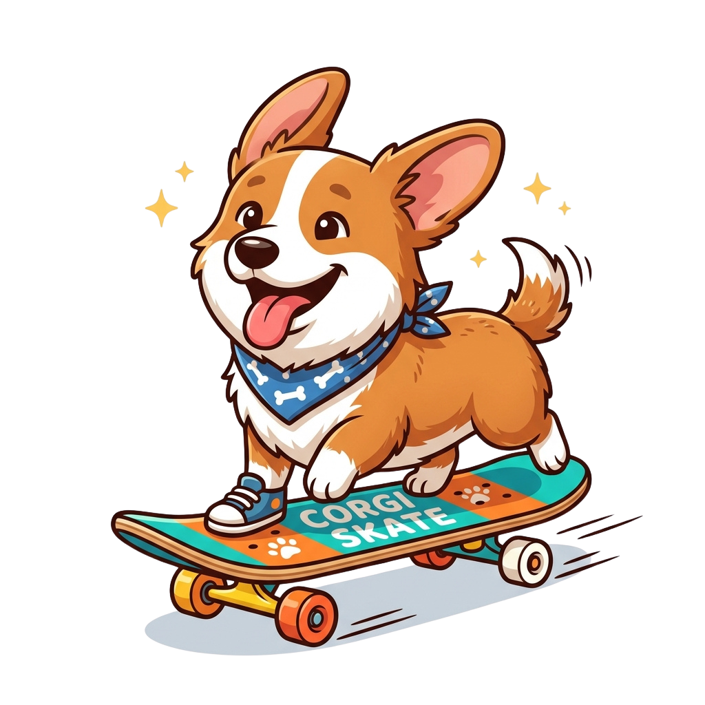 A cheerful corgi dog standing on a skateboard with paw prints and the words Corgi Skate