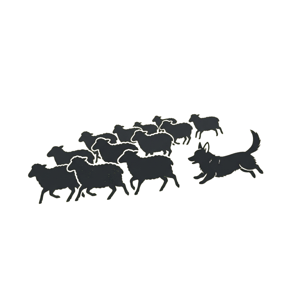 Silhouettes of a group of dogs running together in a pack