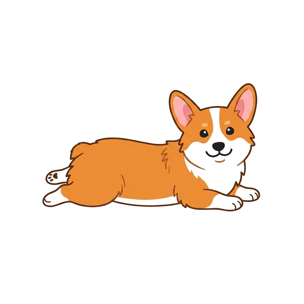 A cheerful cartoon corgi dog lying down on a black background with a smiling face.