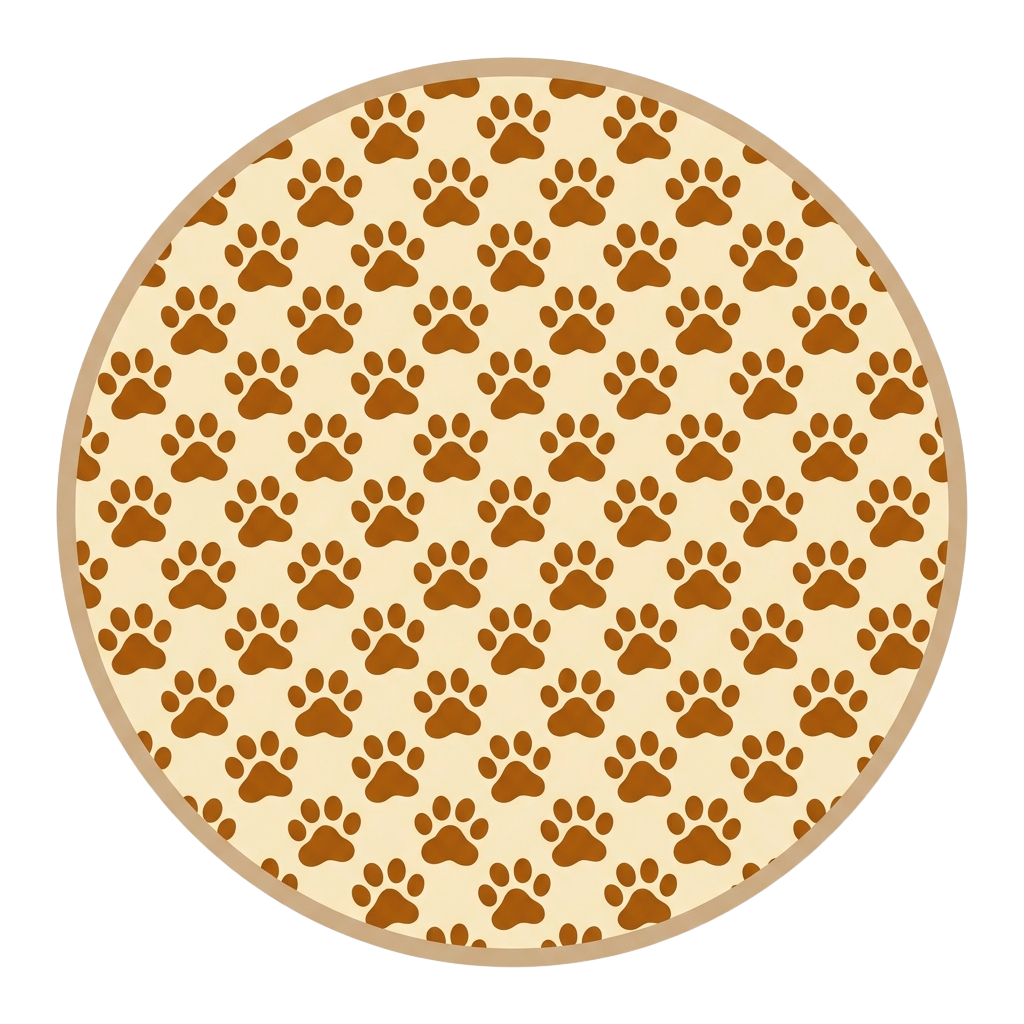 Round design featuring a repeating pattern of brown paw prints on a light background