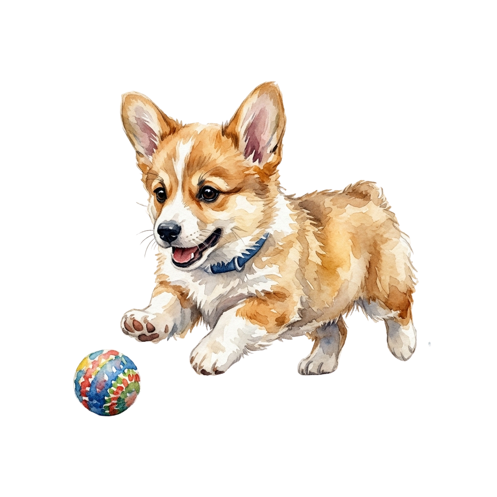 A happy corgi puppy wearing a collar, running towards a colorful ball on a black background