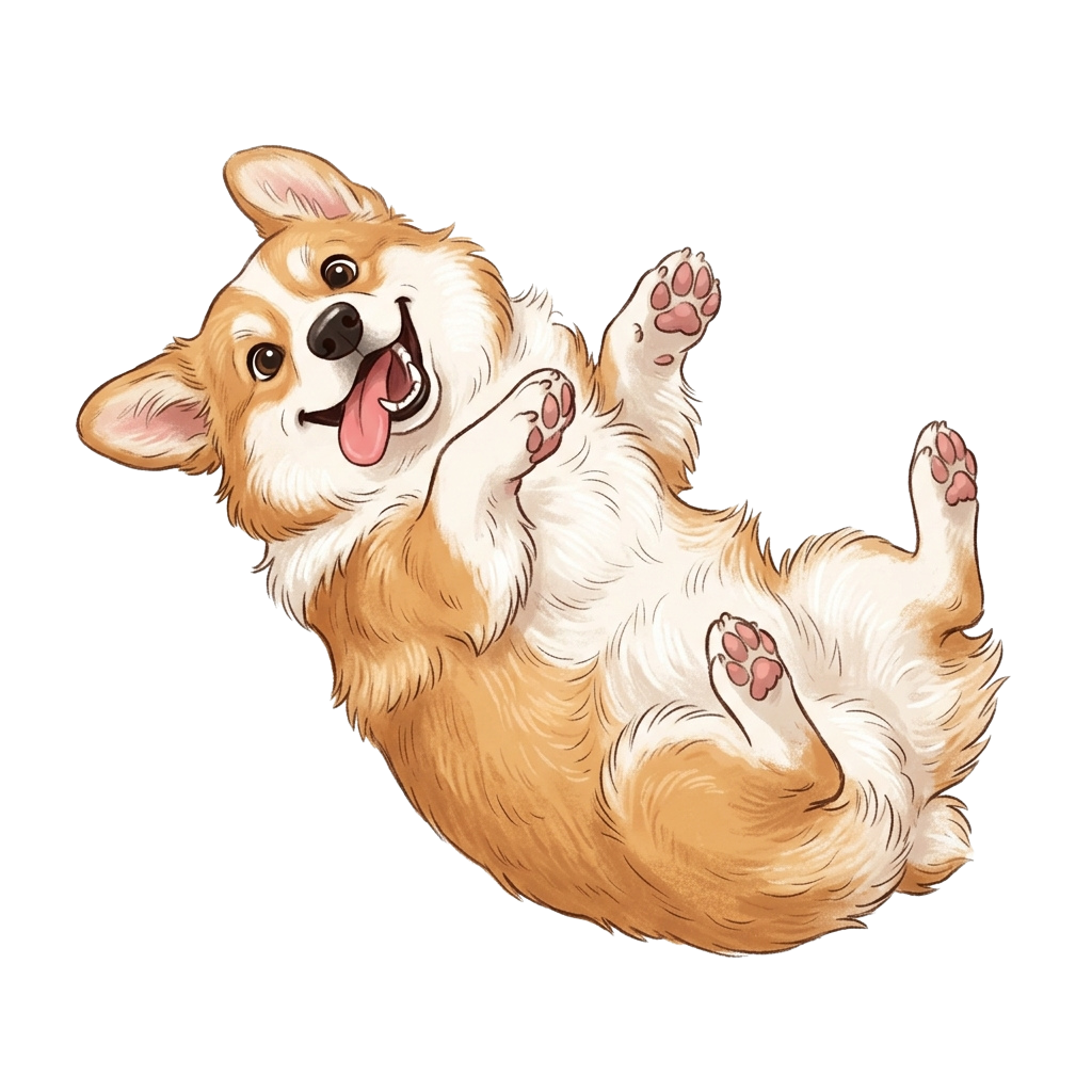 A cheerful corgi-style dog lying on its back with paws raised and tongue out.