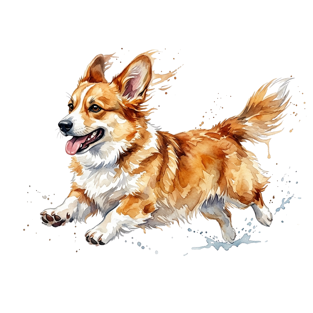 A cheerful corgi-style dog running through water, tongue out, with splashes around it