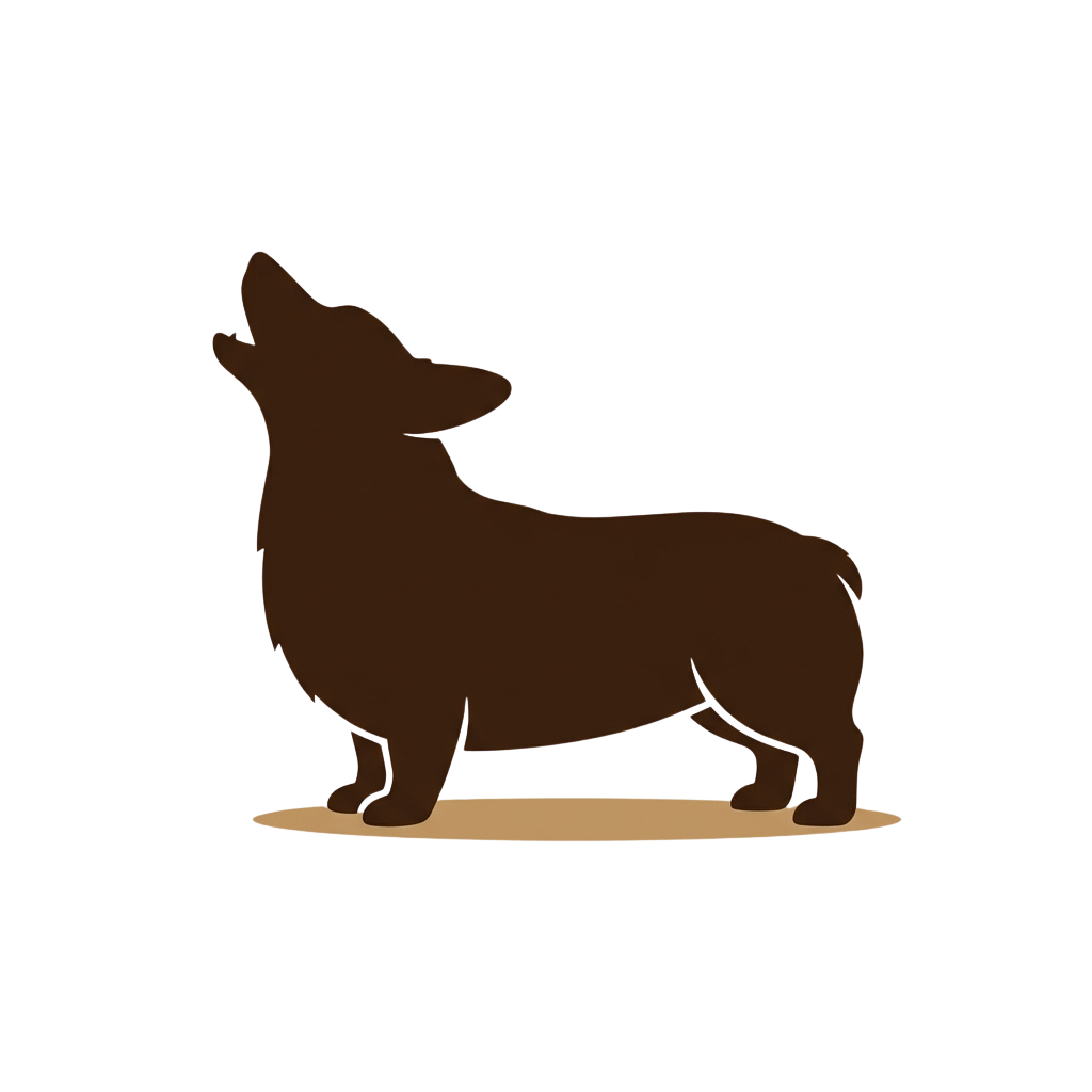 A brown silhouette of a small dog standing on all fours with its head tilted upward