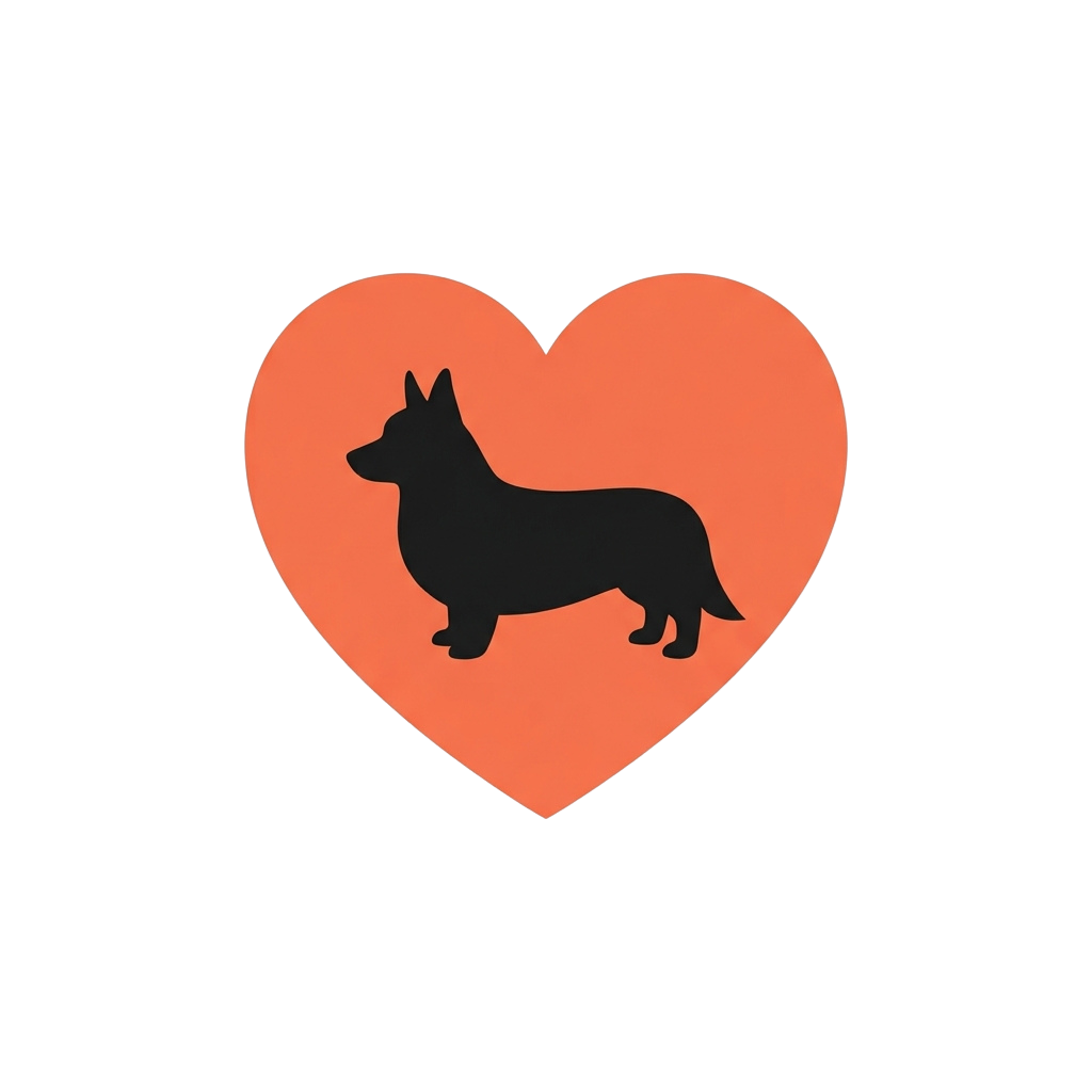 A black silhouette of a dog inside a red heart shape on a black background