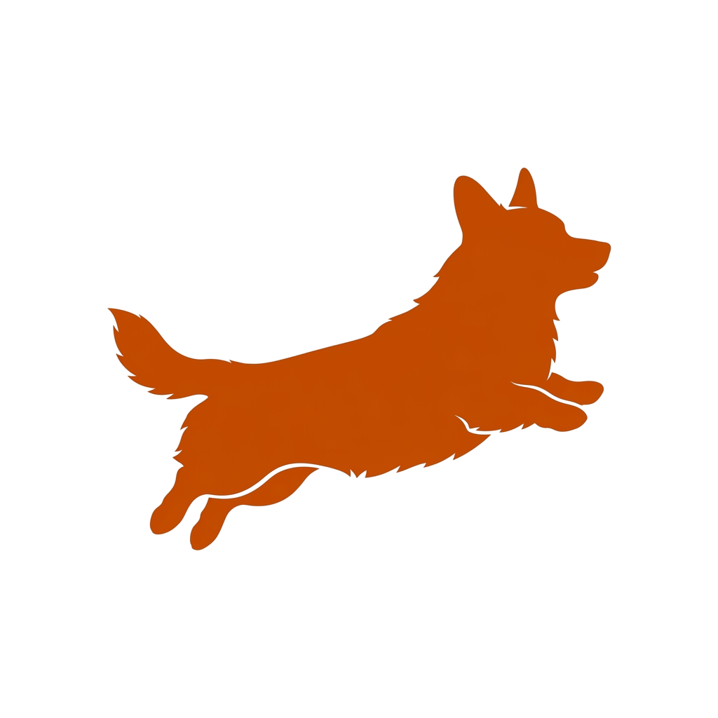 A stylized orange silhouette of a dog running against a black background