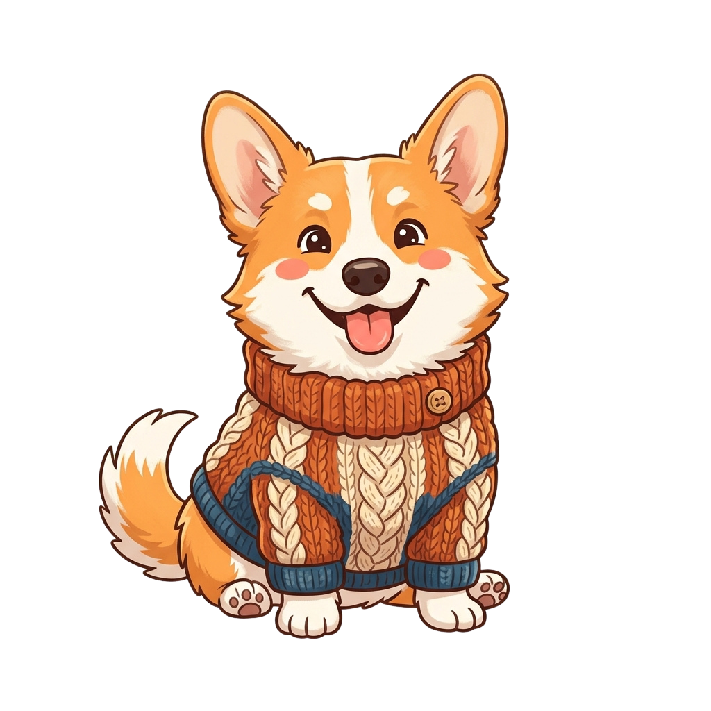 A cheerful cartoon corgi dog with a brown and white coat wearing a knitted sweater and harness, sitting happily.