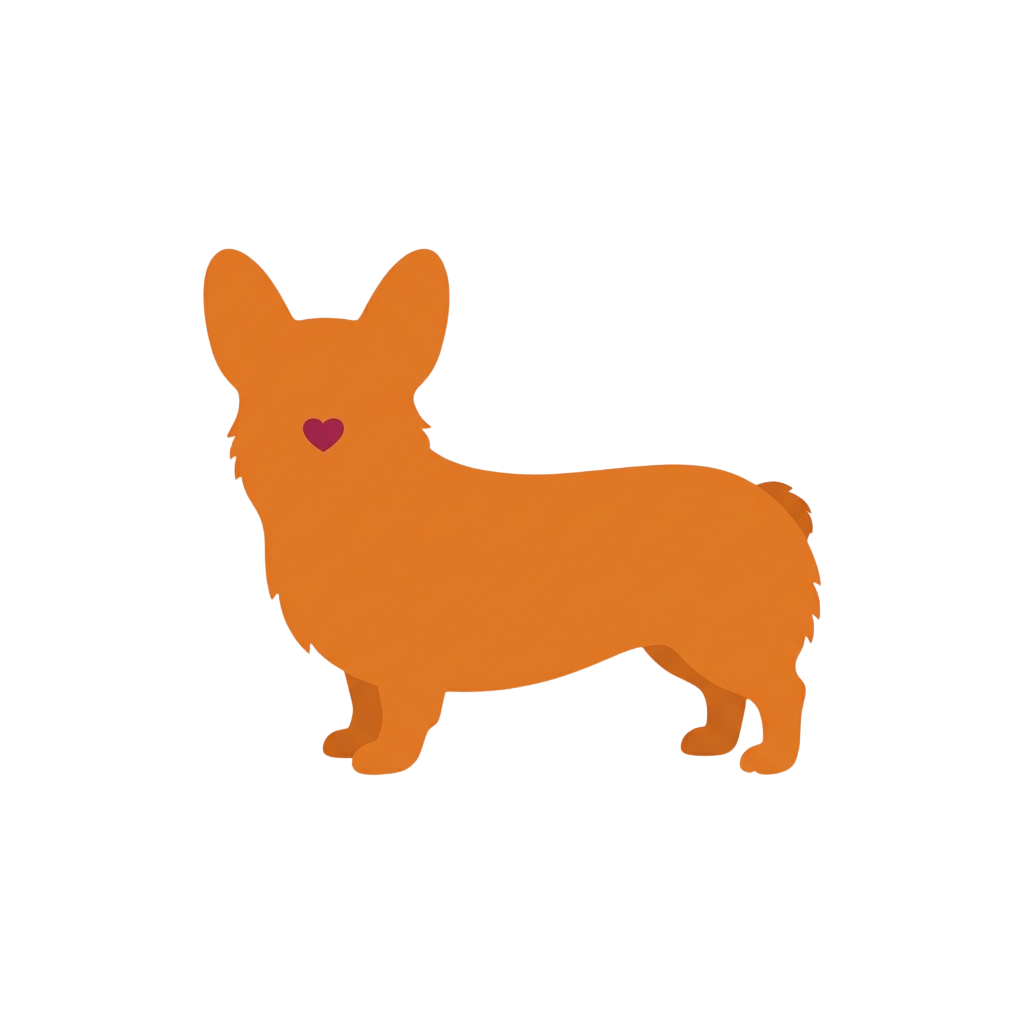 Orange cartoon corgi-style dog with a purple heart on its chest standing on black background