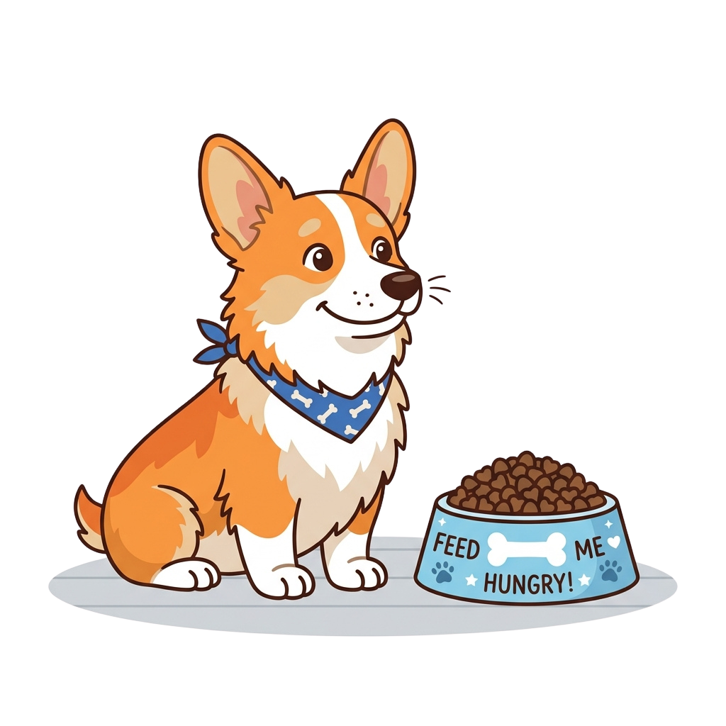 A cheerful cartoon corgi dog sitting beside a blue bowl filled with dog food, wearing a patterned bandana.