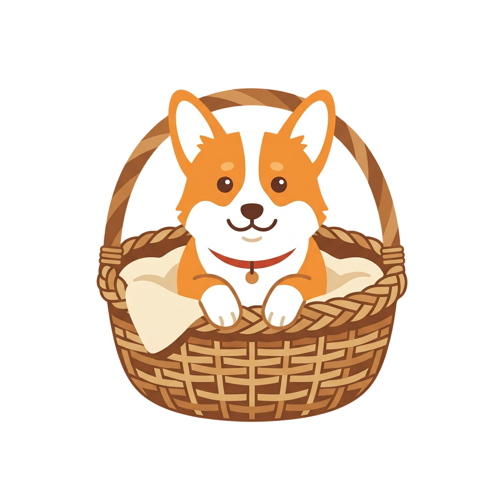 A cheerful cartoon corgi dog sitting inside a woven wicker basket with a red collar.