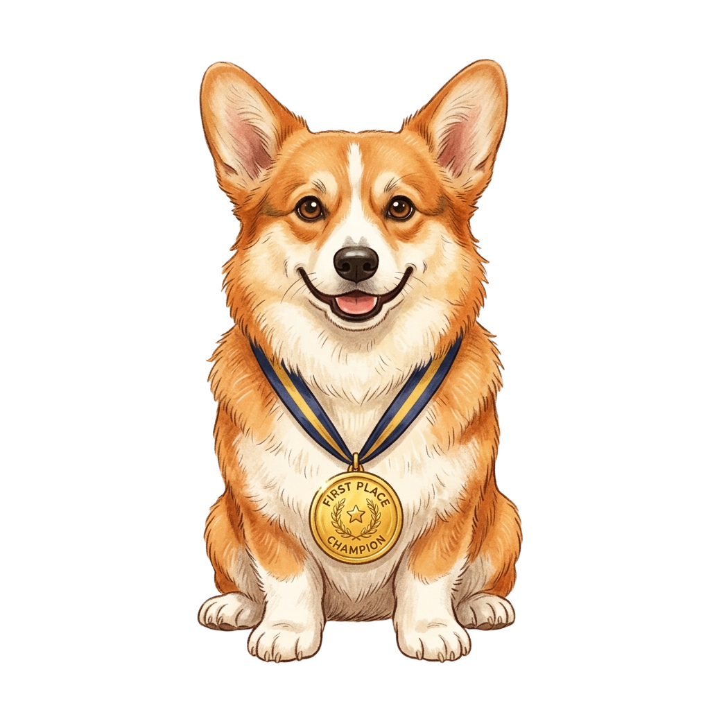 Smiling corgi dog wearing a champion medal with text first place