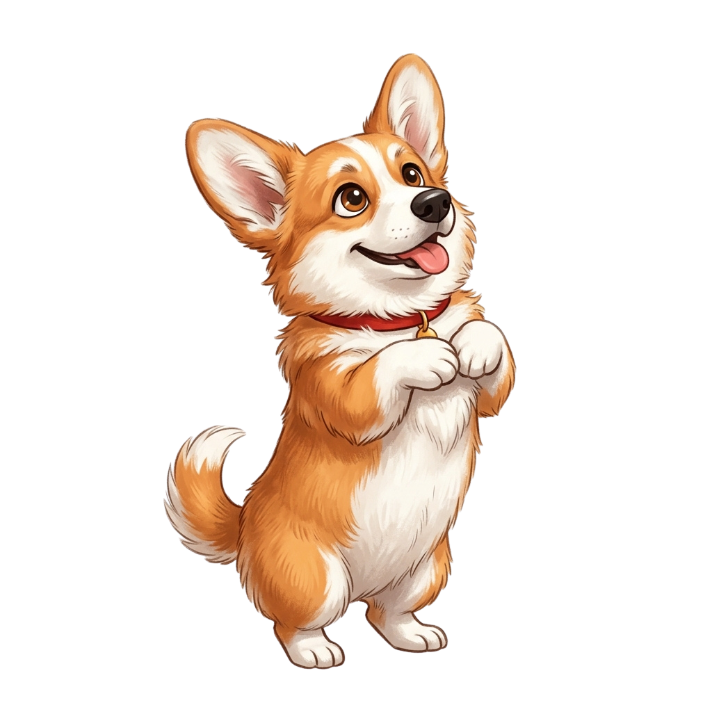 A cheerful cartoon corgi dog standing on hind legs with front paws raised, wearing a red collar