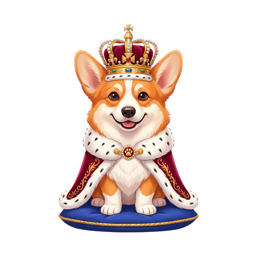A smiling corgi dog dressed in a royal crown, cape, and sash sitting on a pedestal