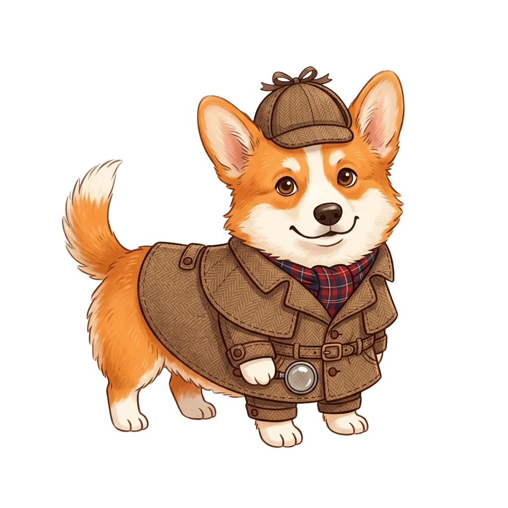 A cheerful cartoon corgi dressed as a detective in a brown coat, hat, and scarf, holding a magnifying glass.