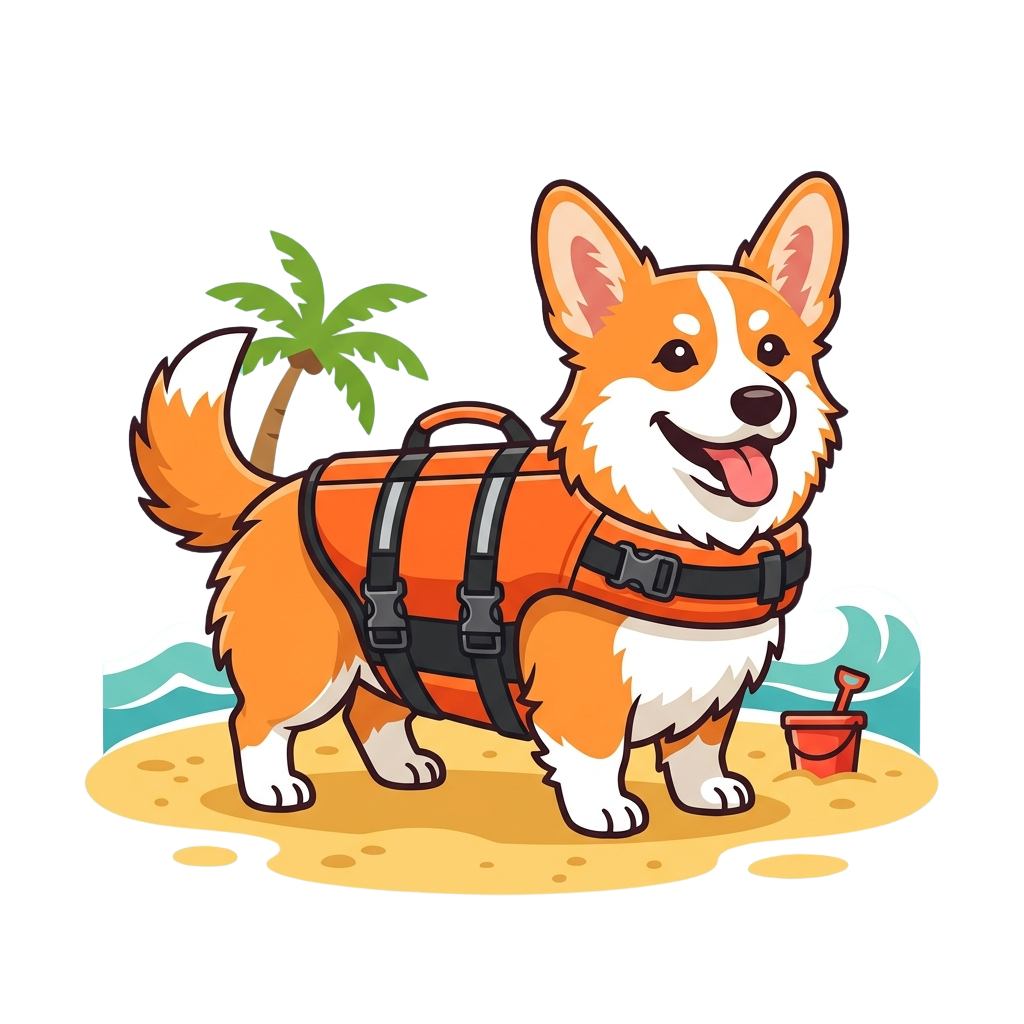 A cheerful cartoon corgi wearing an orange life vest on a sandy beach with a palm tree and ocean in the background