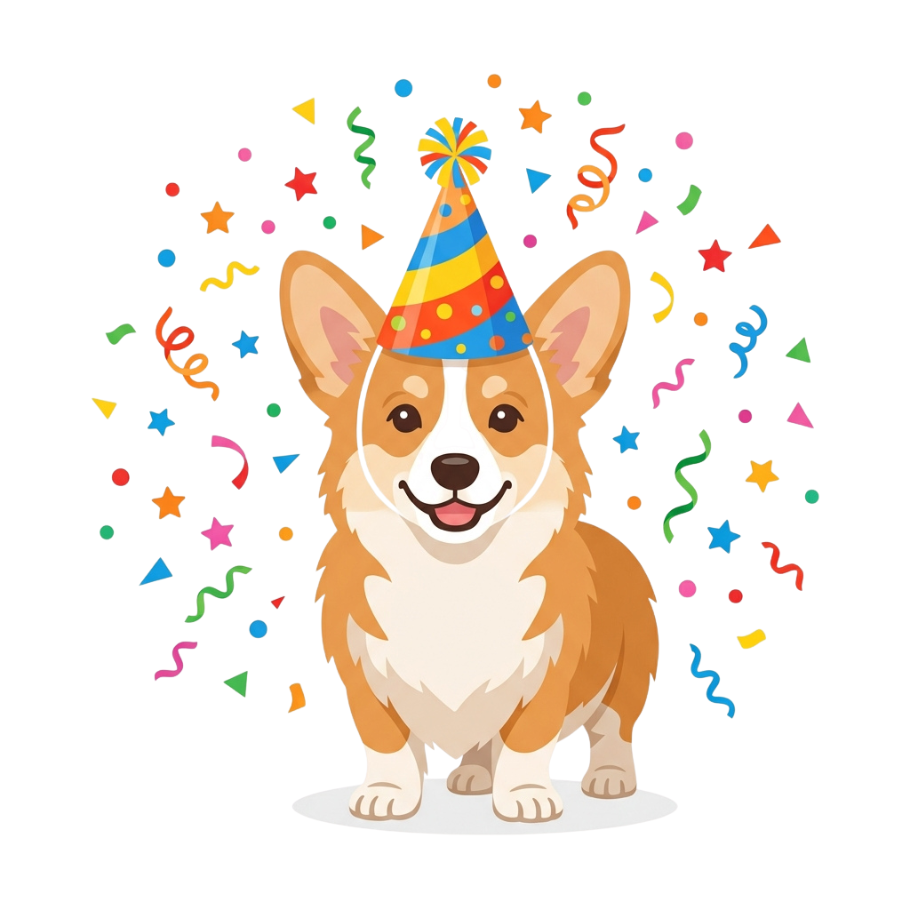 A smiling corgi-style dog wearing a colorful birthday party hat with confetti around it