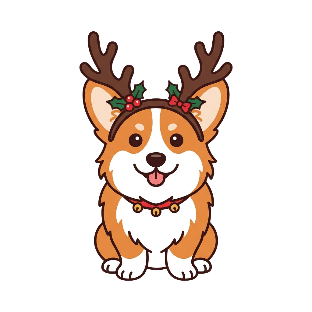 A cheerful corgi wearing reindeer antlers and a festive headband with holly berries