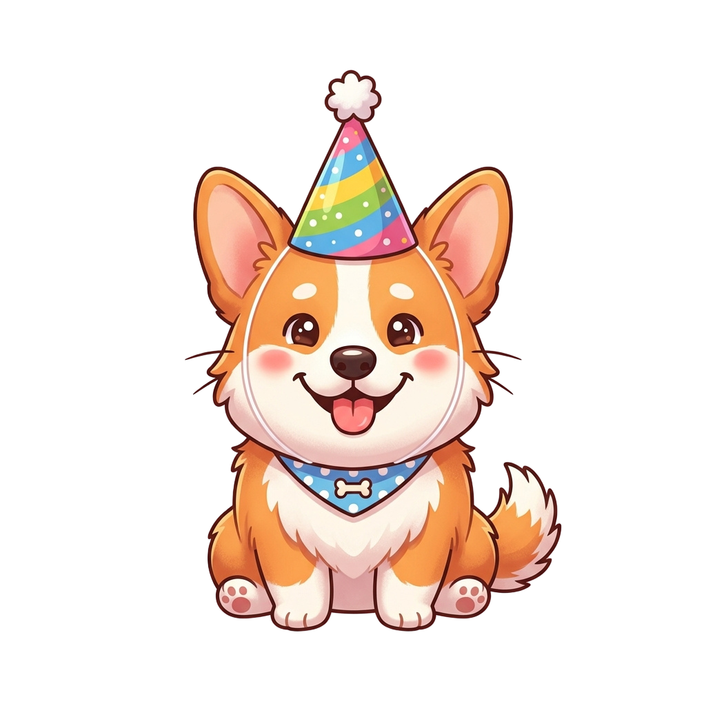 Smiling cartoon corgi wearing a colorful birthday hat and blue bandana with a bone charm