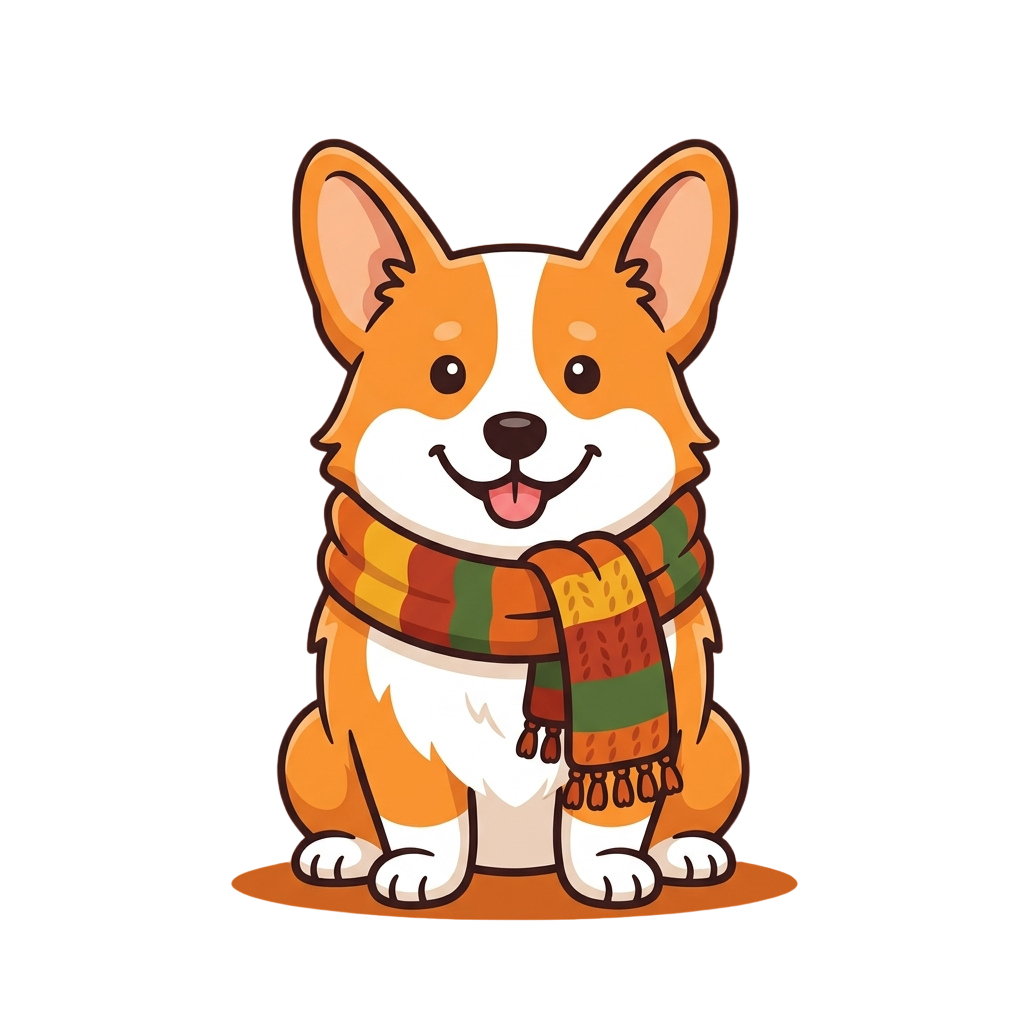 Smiling cartoon corgi wearing a striped scarf sitting on a flat surface