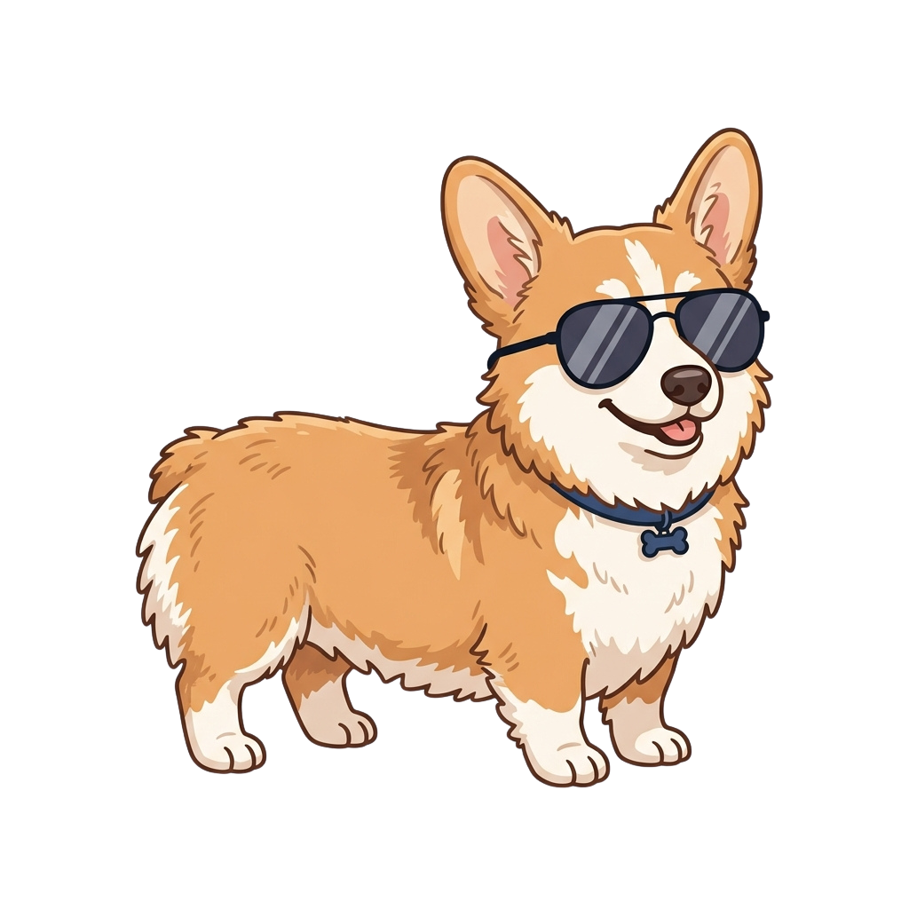 A stylized cartoon corgi dog wearing sunglasses and a choker with a bone-shaped tag