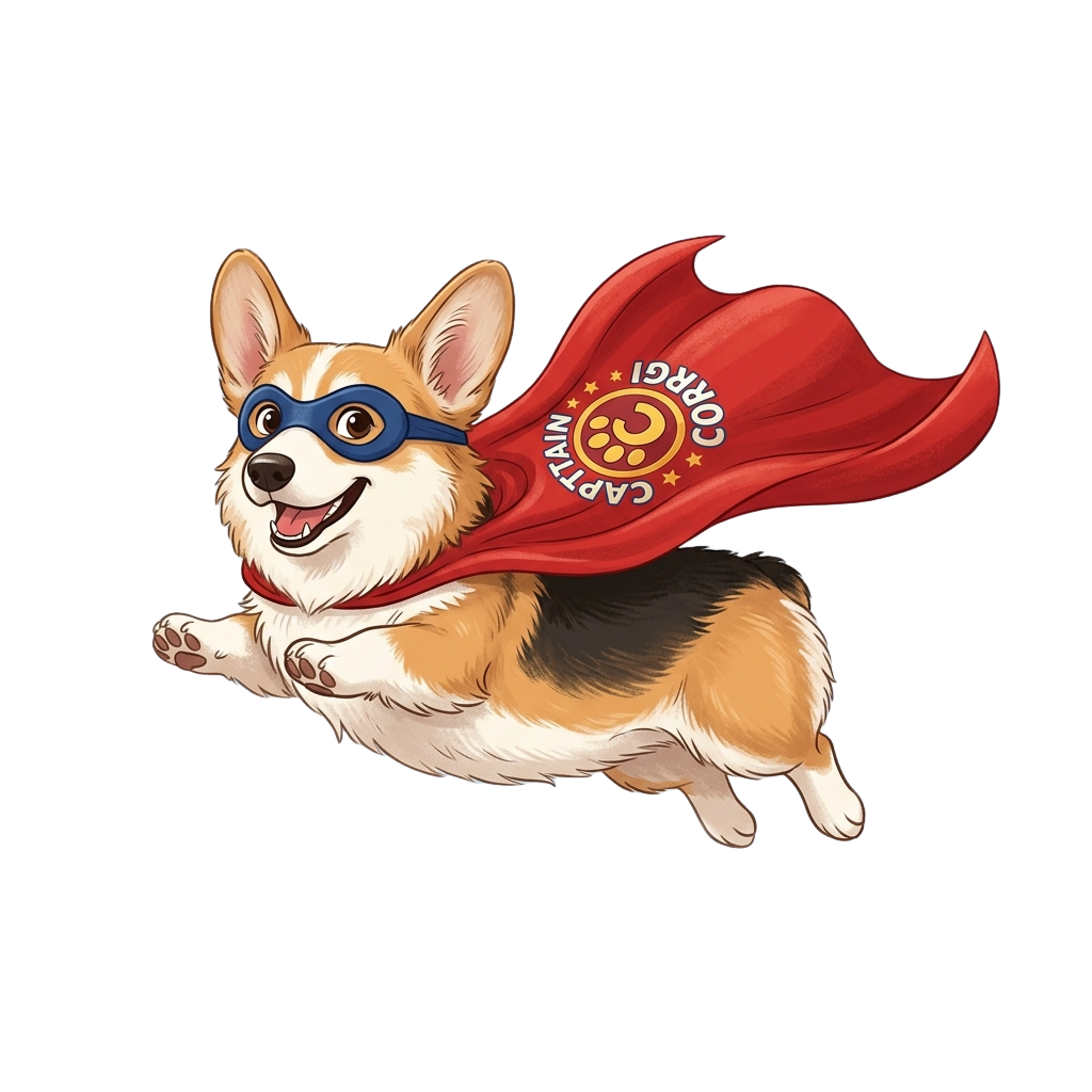 A cheerful cartoon corgi dog with a red cape and blue mask flying through the air