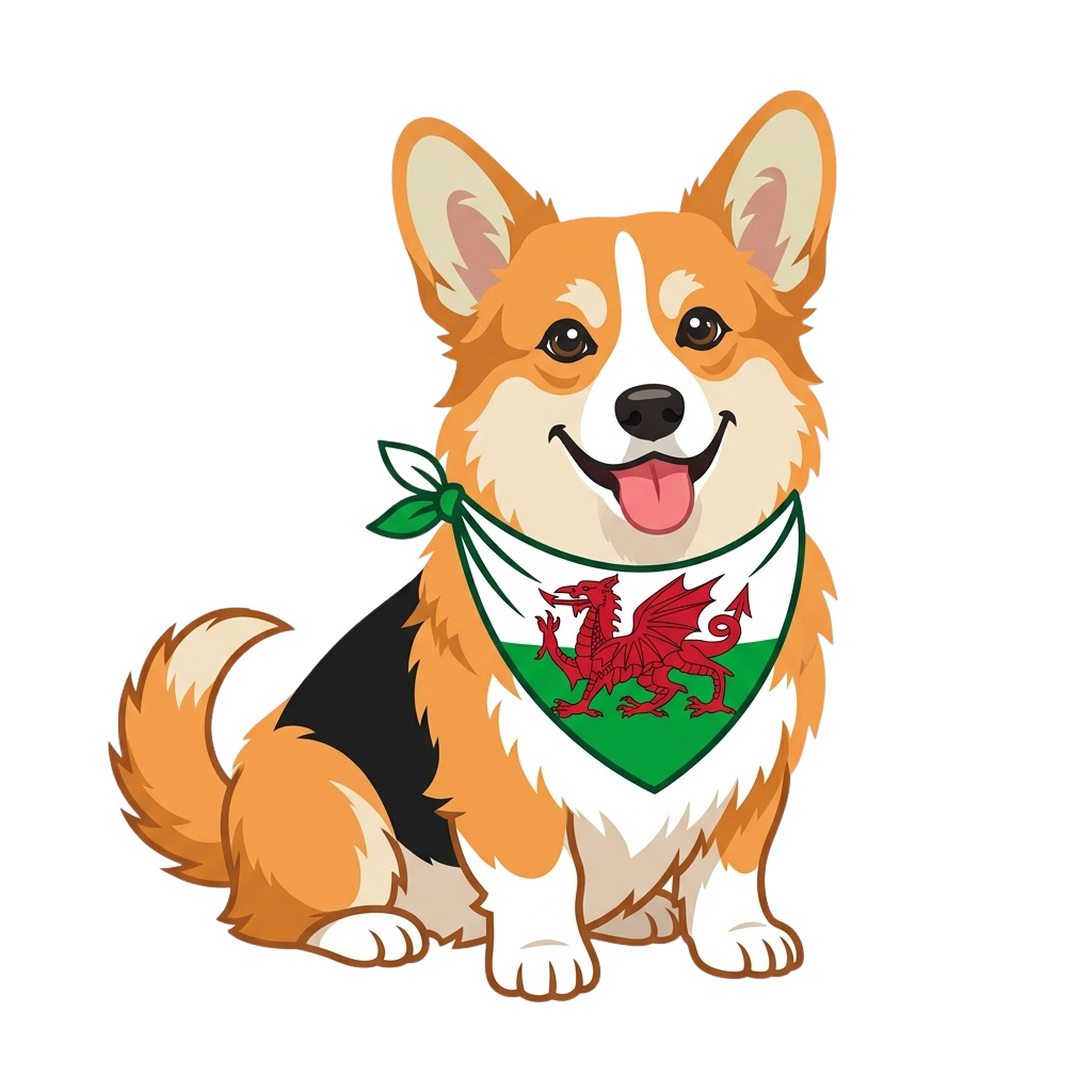 Smiling corgi wearing a bandana with the Welsh flag design