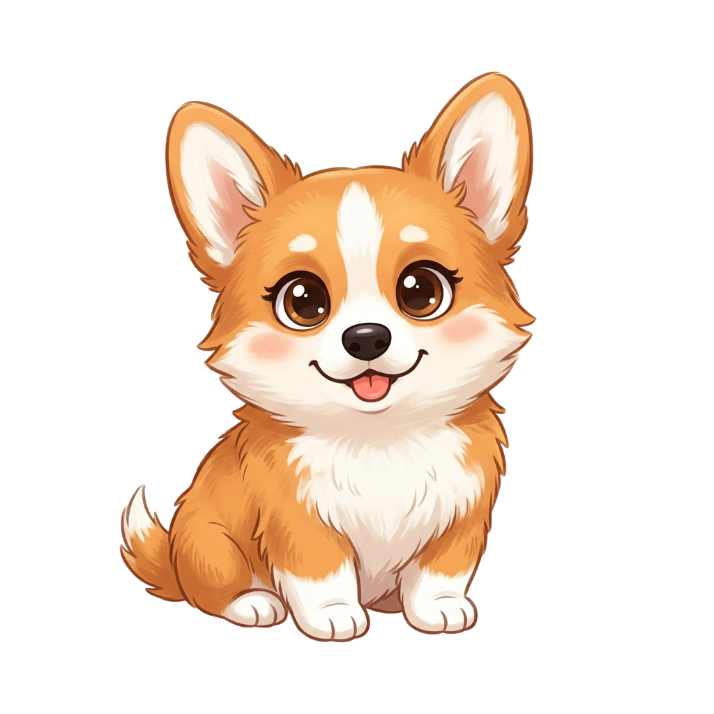 A cheerful cartoon puppy with floppy ears, a short snout, and a wagging tongue sitting on a black background