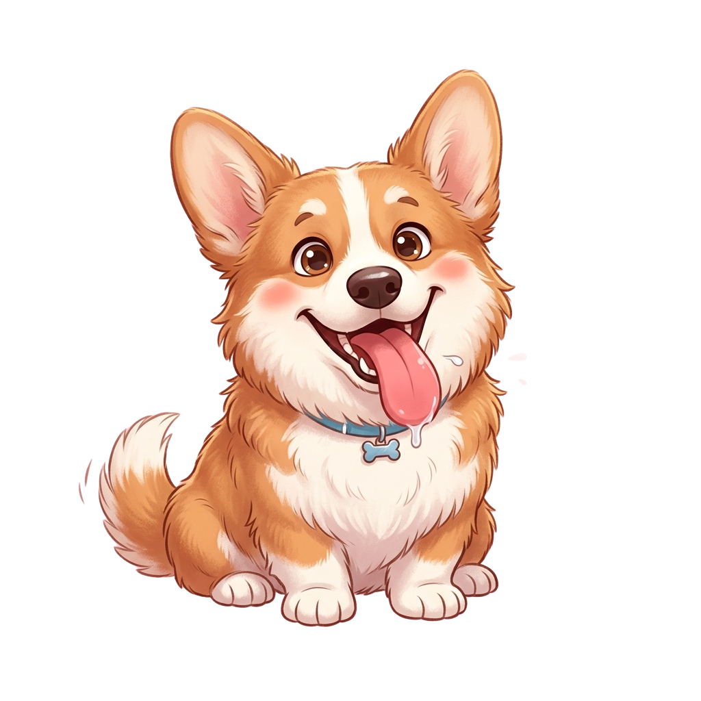 A cheerful cartoon corgi puppy with floppy ears, smiling and sticking out its tongue, wearing a blue collar with a bone tag.