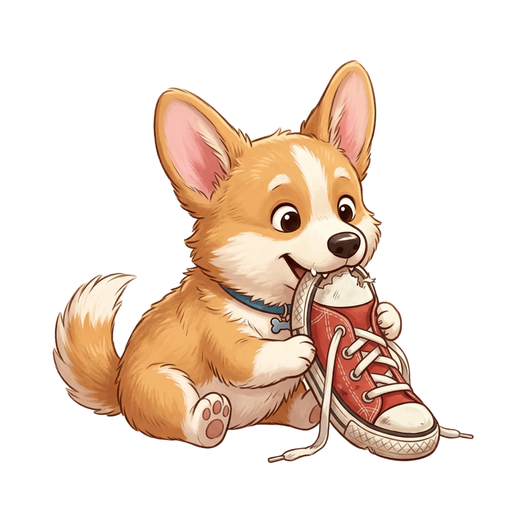 A cheerful cartoon corgi dog chewing on a red sneaker with white soles.