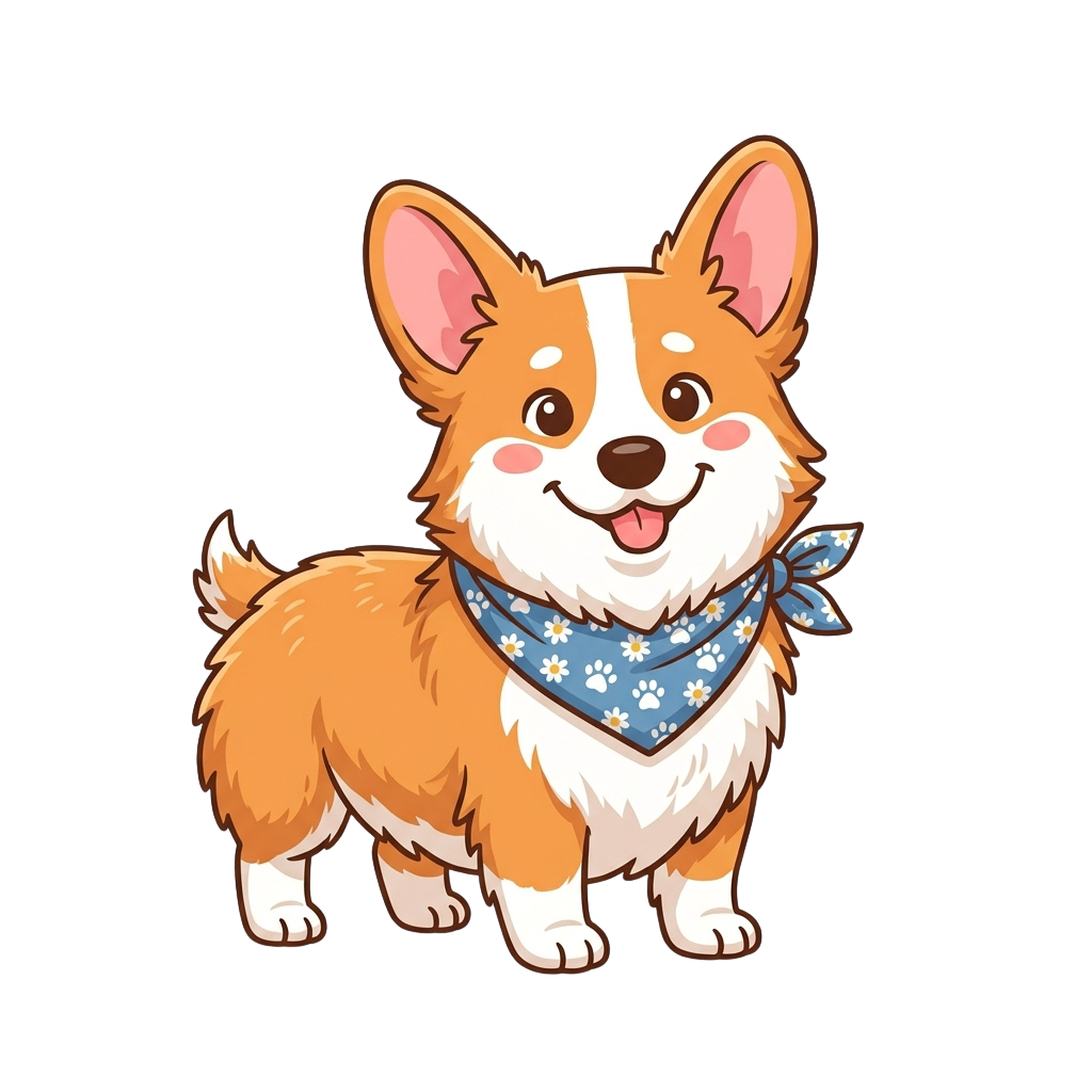 Smiling cartoon corgi wearing a blue floral bandana