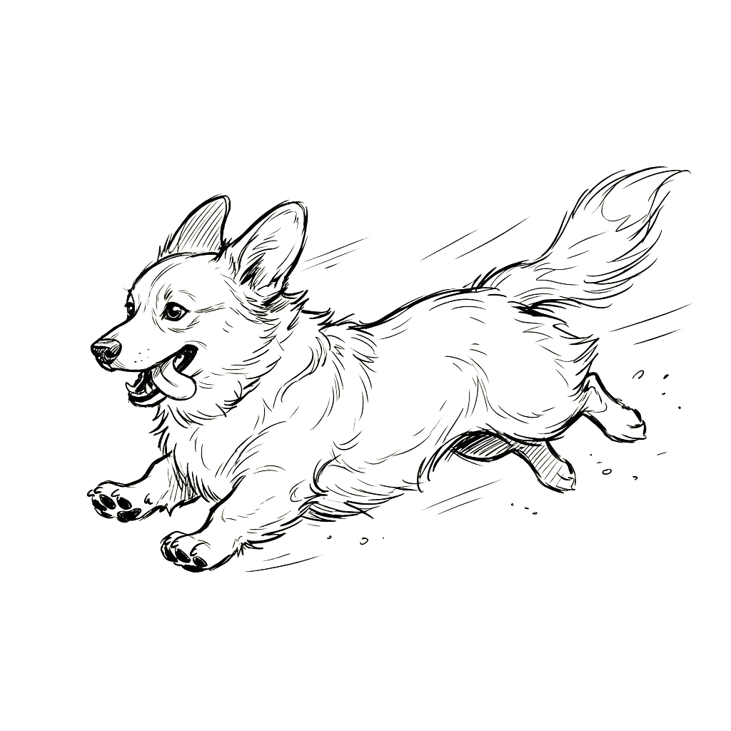 White line drawing of a stylized fox-like creature running on all fours with a dynamic pose