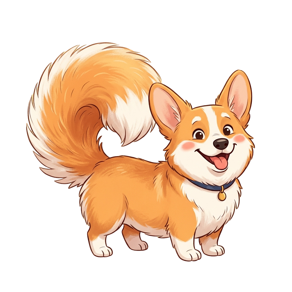 A cheerful cartoon corgi-style dog with fluffy tail and collar, smiling happily