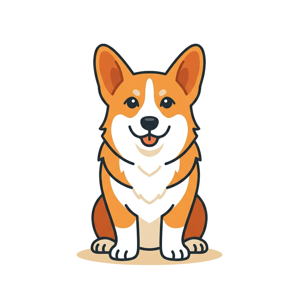 A cheerful cartoon corgi dog sitting and smiling with a wagging tongue