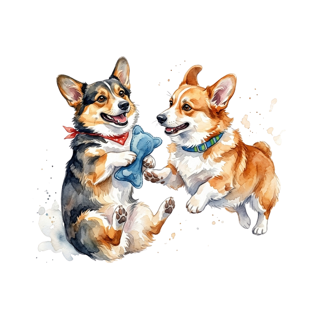 Two cartoon corgi dogs sitting and playing with a stuffed toy on a black background