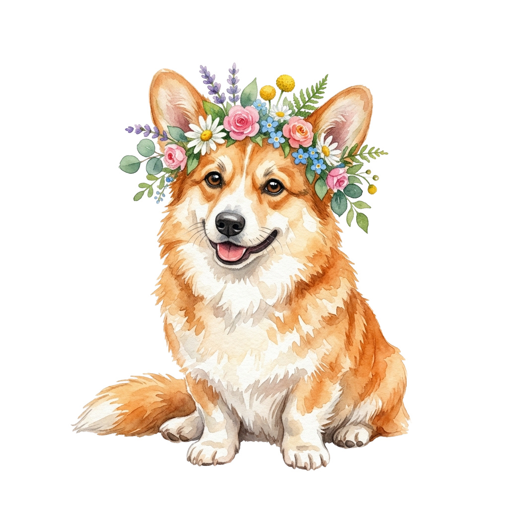 A smiling cartoon corgi dog wearing a colorful flower crown