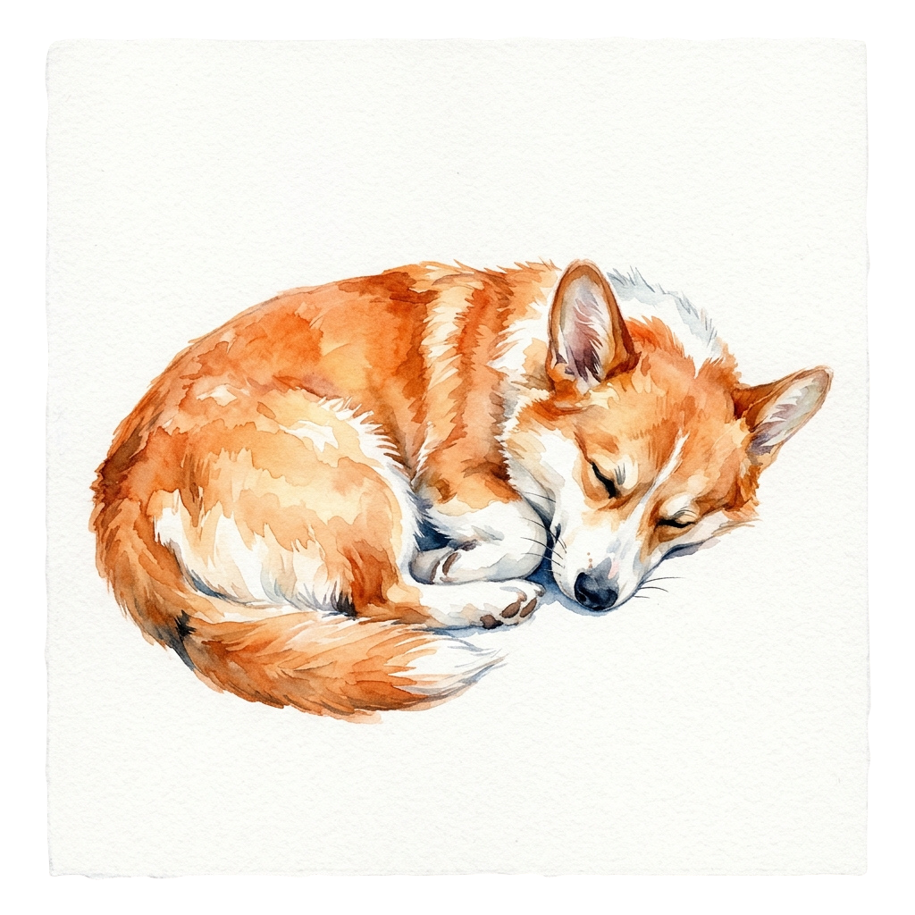 A watercolor painting of a curled-up orange and white fox or dog sleeping peacefully.