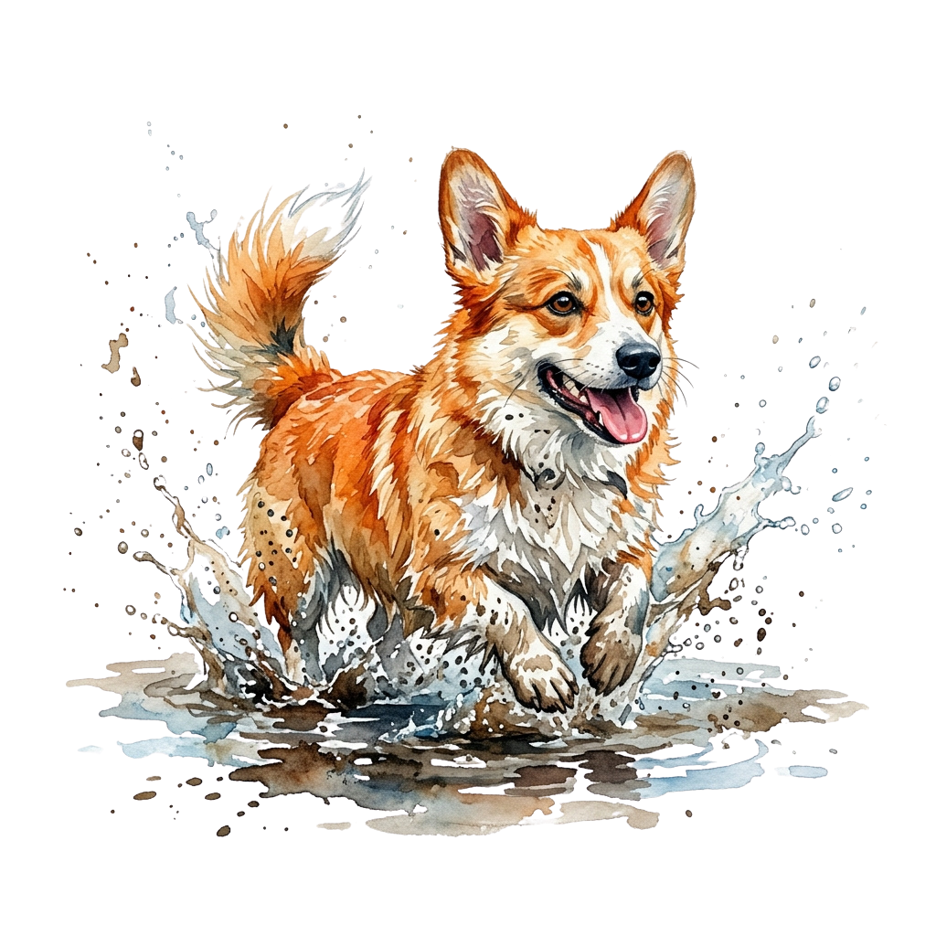 A cheerful corgi-style dog running through water, creating splashes, with a joyful expression