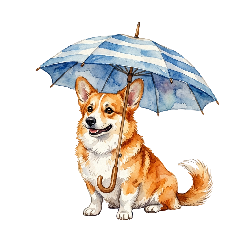 A smiling corgi dog sitting and holding a blue and white striped umbrella