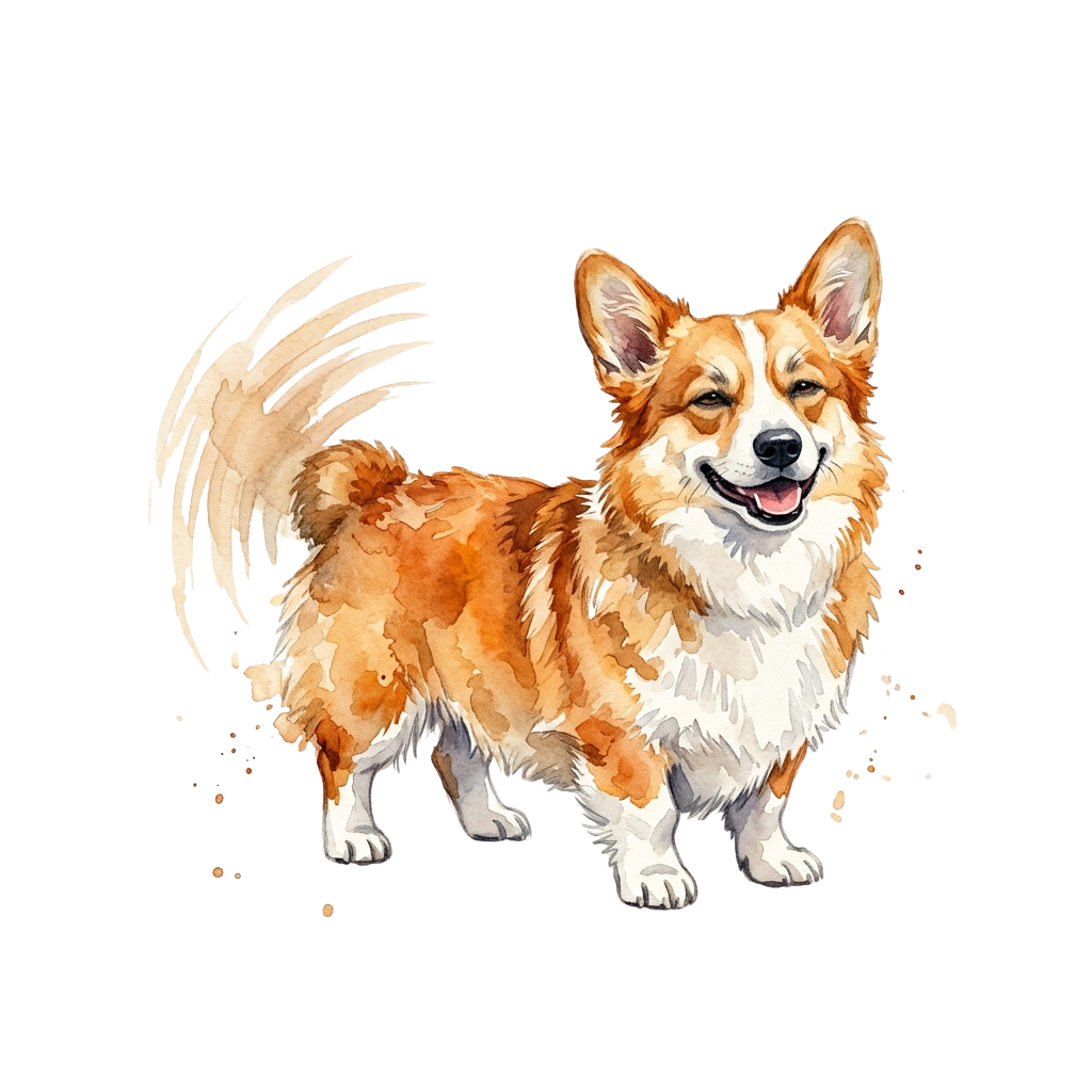A cheerful corgi-style dog with floppy ears and a curly tail, illustrated in watercolor style.