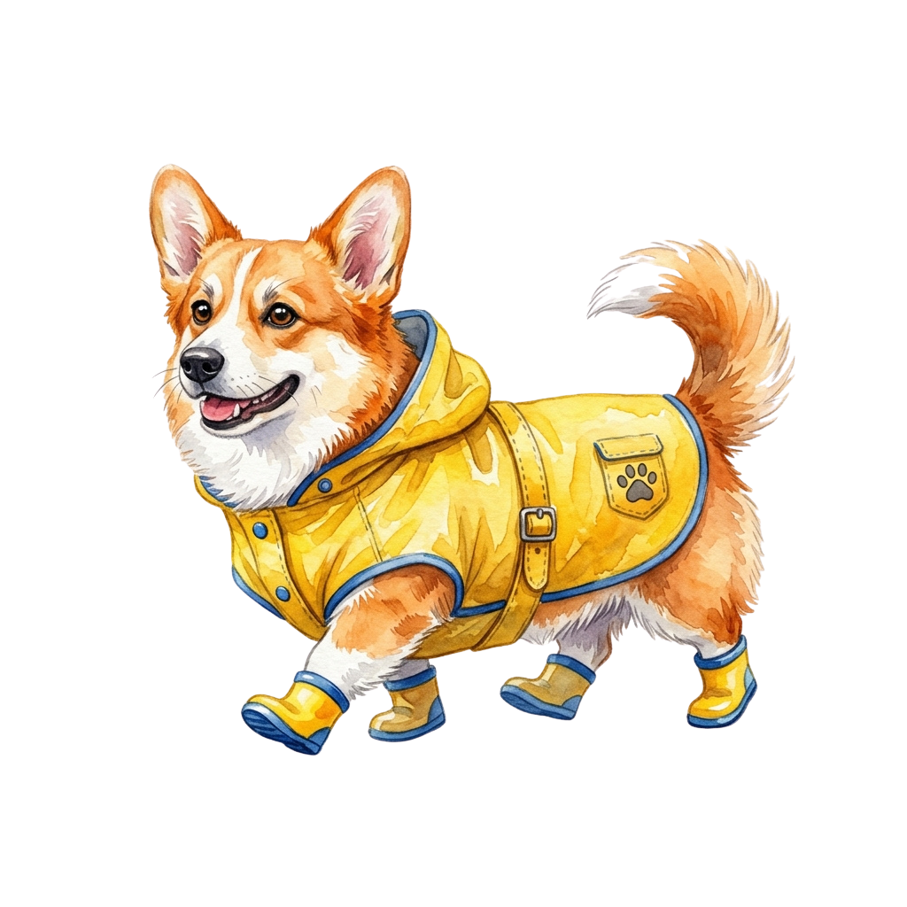 A cheerful cartoon corgi-style dog wearing a yellow raincoat, boots, and a paw-print patch