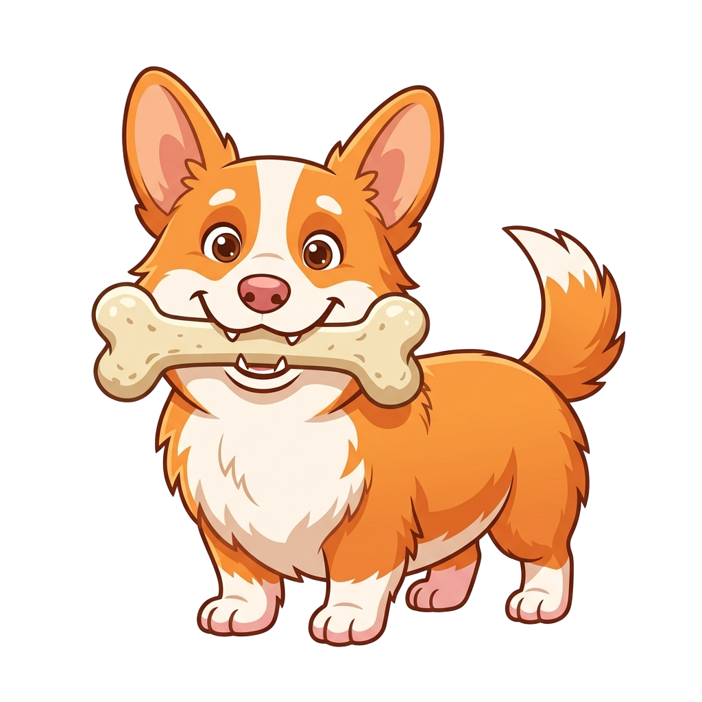 A cheerful cartoon corgi-style dog holding a bone toy with a happy expression