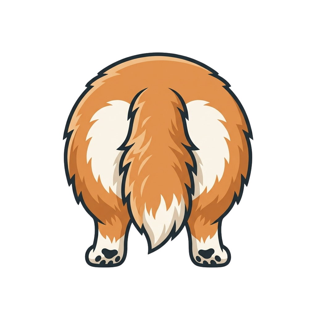 A stylized cartoon dog viewed from behind with fluffy orange-brown fur and white paws
