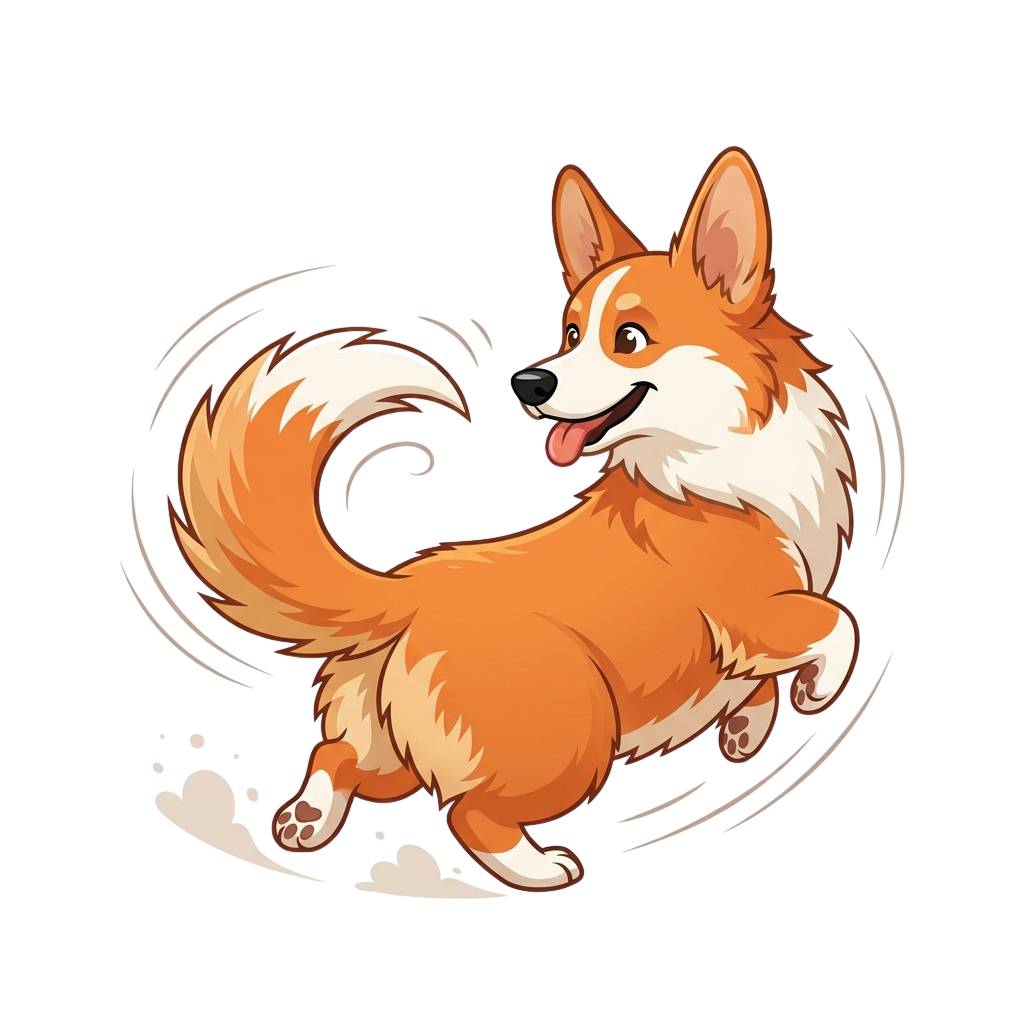 A cheerful cartoon corgi style dog with fluffy orange and white fur running playfully on a black background