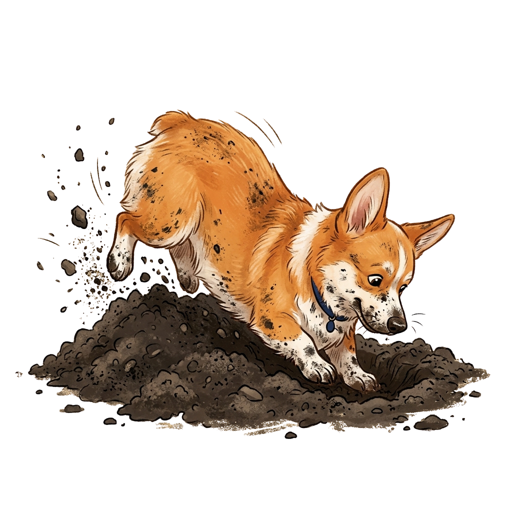 A cartoon dog with orange and white fur rolling in mud, kicking up dirt behind it