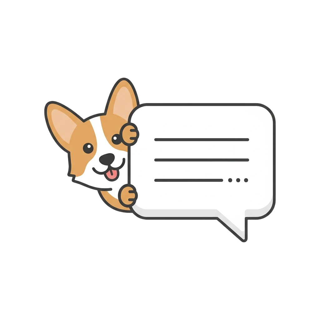 A cartoon corgi dog with a speech bubble containing three lines and ellipsis