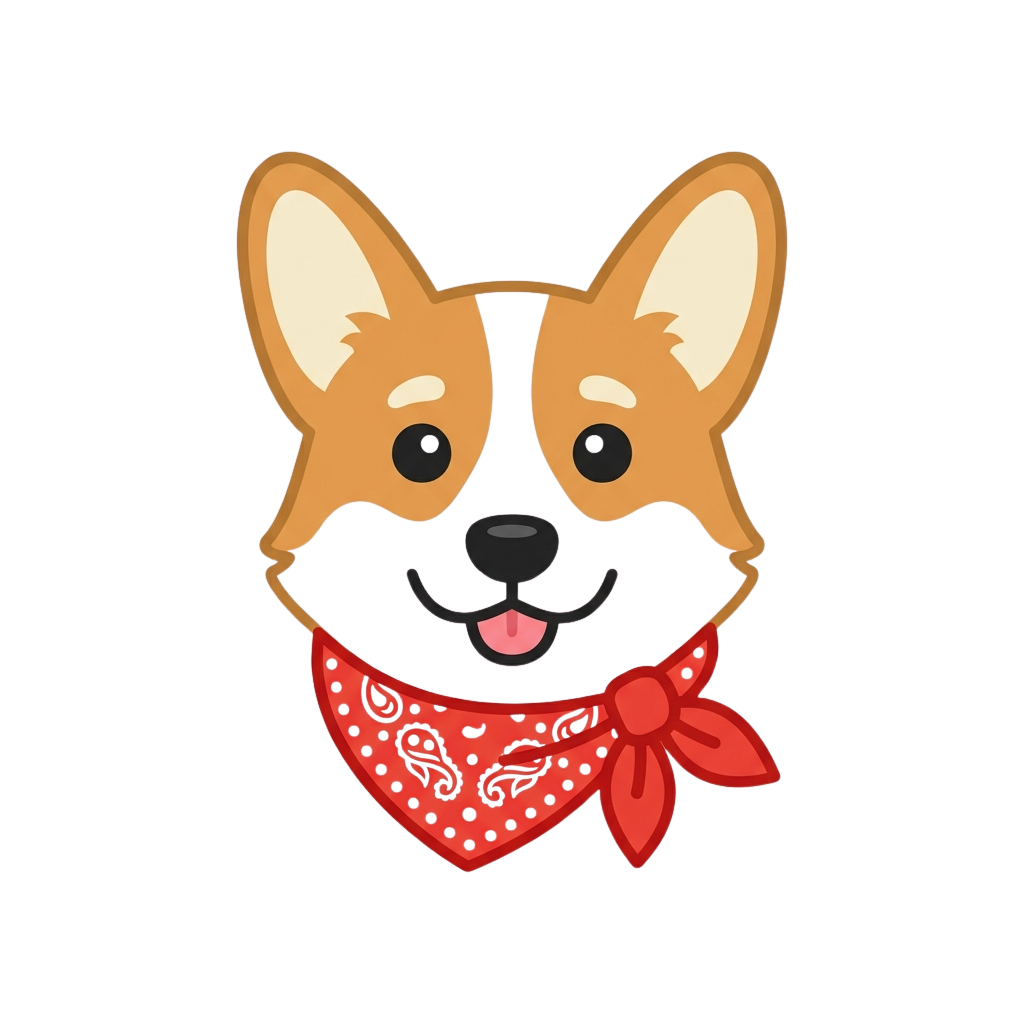 A cartoon corgi dog wearing a red bandana with black polka dots around its neck