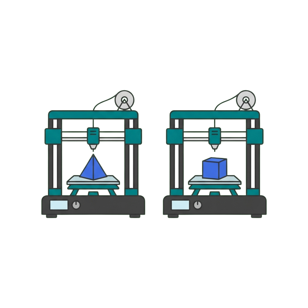 Two 3D printers building a pyramid shape and a cube shape on their print beds