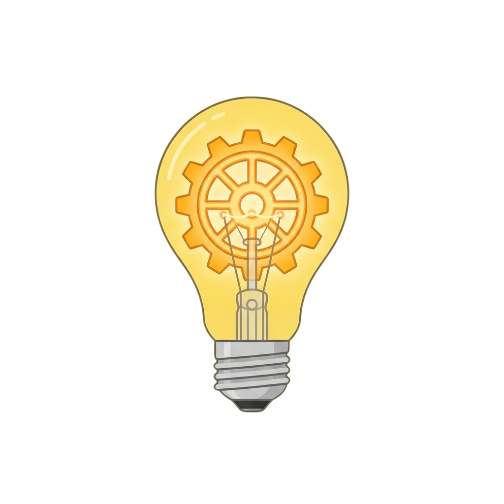 Illustration of a glowing lightbulb with a gear inside symbolizing innovation and ideas