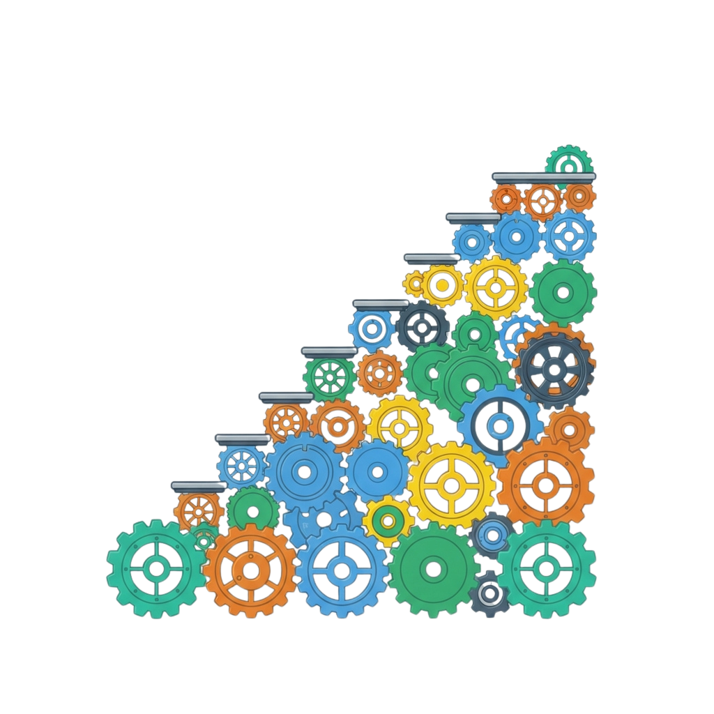 A colorful staircase made of interlocking gears in blue, green, orange, and yellow against a black background